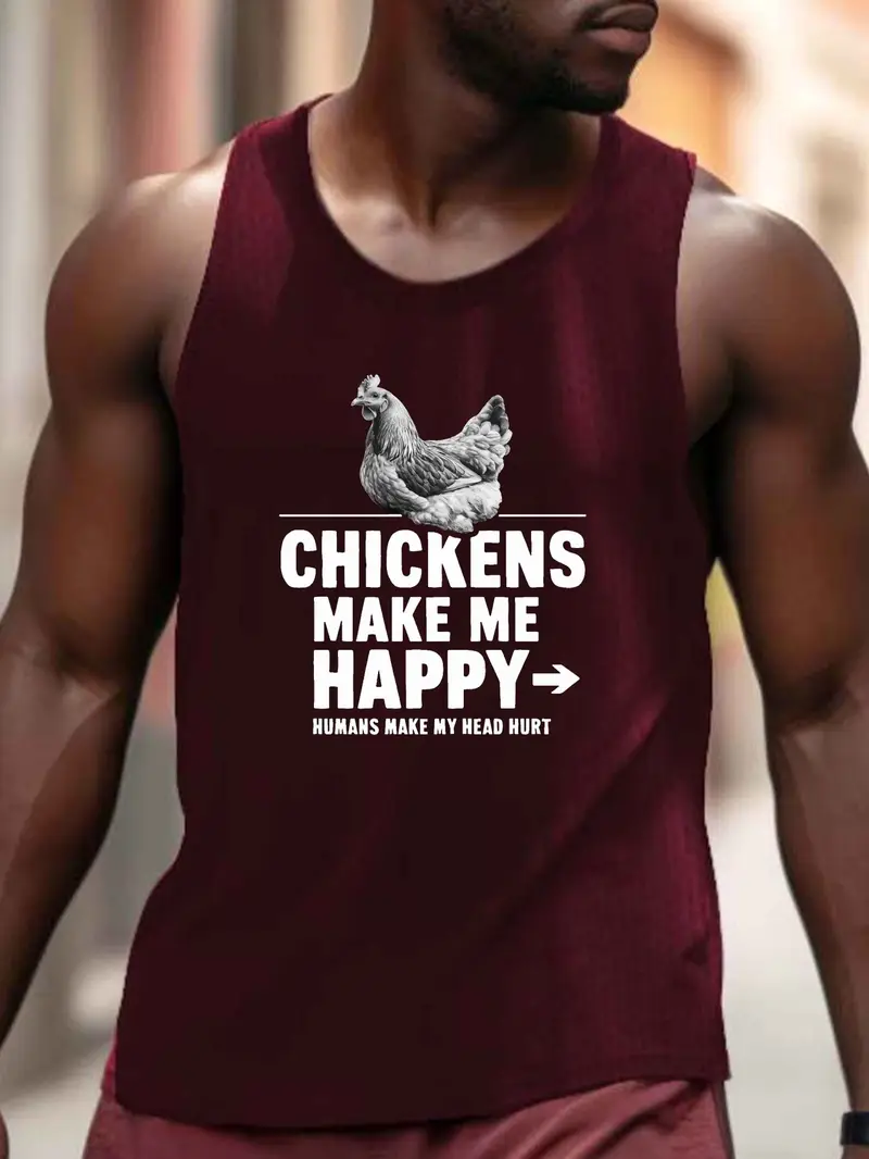 قميص رجالي رياضي "الدجاج يجعلني سعيدًا" - بدون أكمام، بوليستر قابل للتنفس، مريح مع ياقة دائرية وتصميم جرافيكي جريء